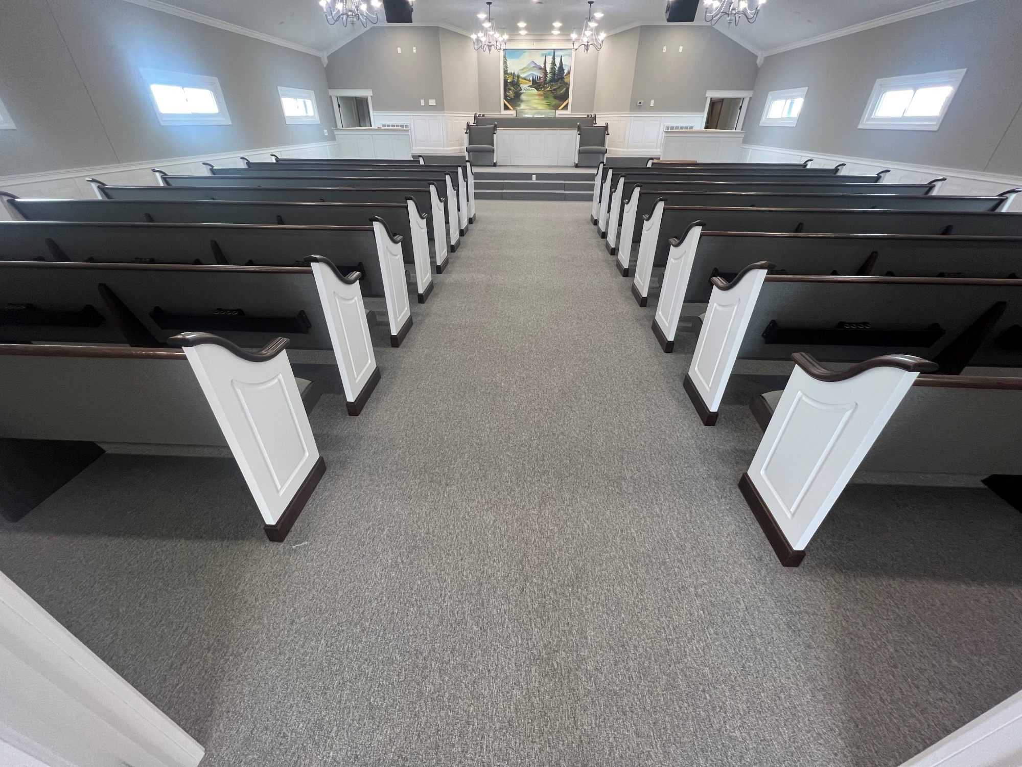 Rear View of a Kivetts new pew installation in Benton, Kentucky from Woods Church Interiors