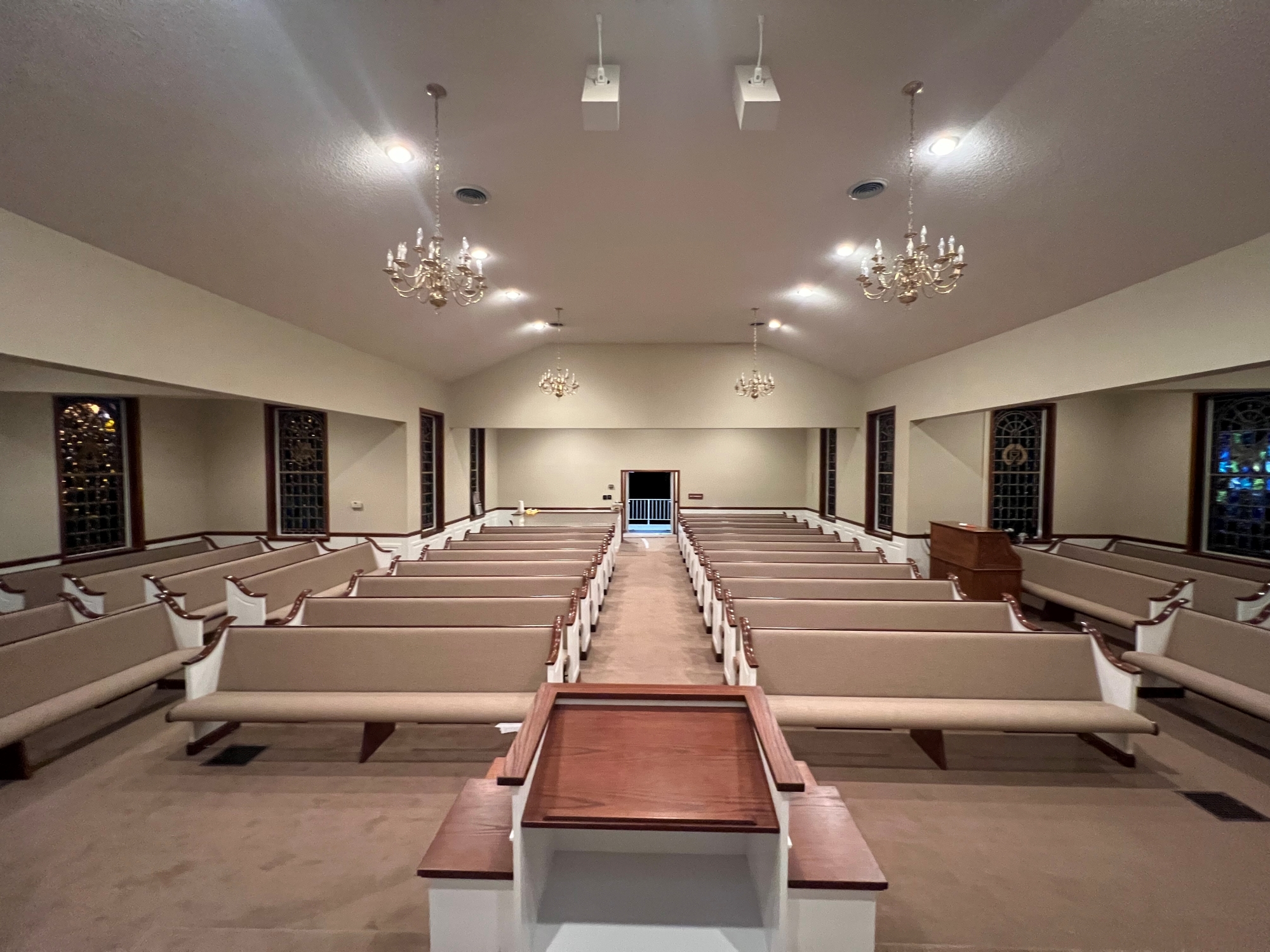 Front View of a Kivetts new pew installation in Butler, Tennessee from Woods Church Interiors