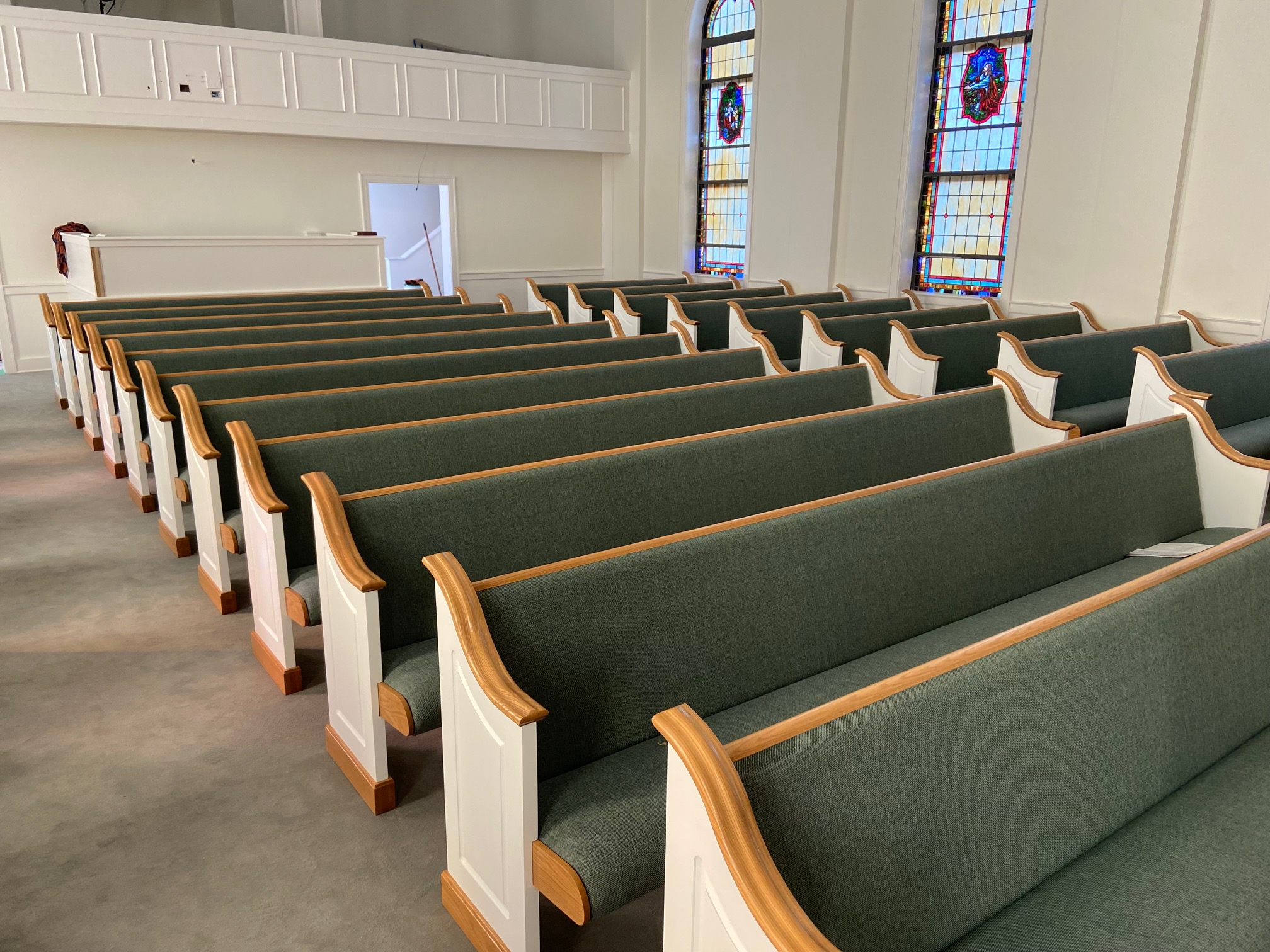 Front Side View of a new pew installation in Raleigh, Mississippi from Woods Church Interiors
