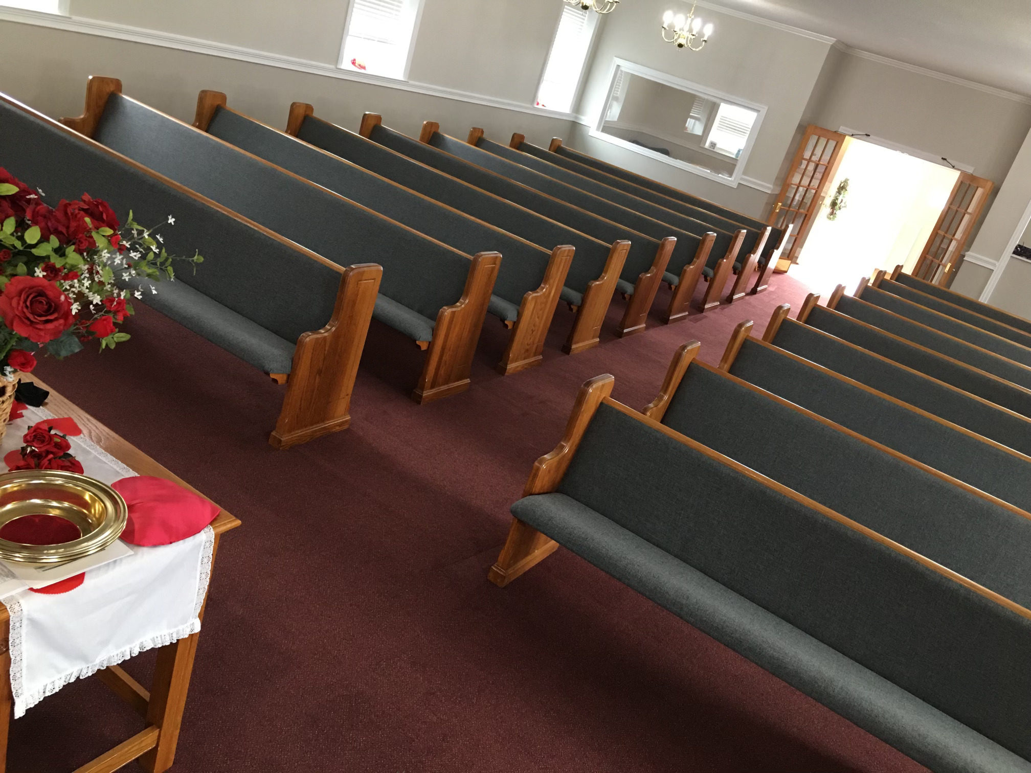 Pew Reupholstery work done by Woods Church Interiors at Solid Rock Baptist Church in Liberty, South Carolina 1288